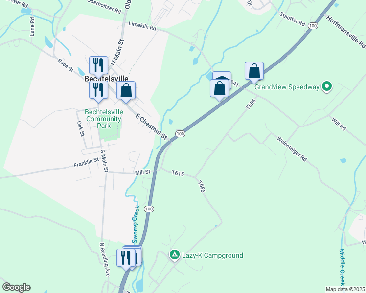 map of restaurants, bars, coffee shops, grocery stores, and more near 1014 Pennsylvania 100 in Bechtelsville