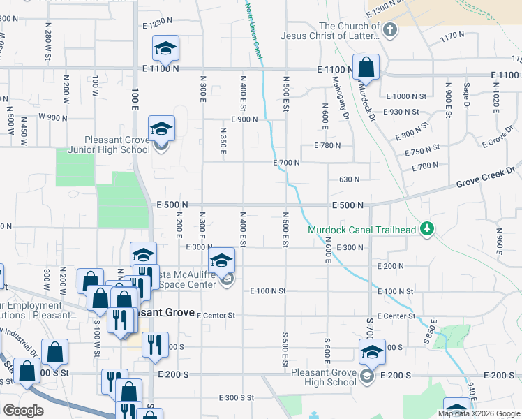 map of restaurants, bars, coffee shops, grocery stores, and more near 425 East 500 North in Pleasant Grove