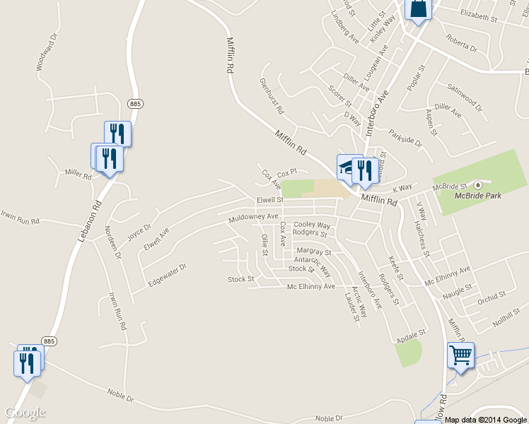 map of restaurants, bars, coffee shops, grocery stores, and more near 1066 Elwell Street in Pittsburgh