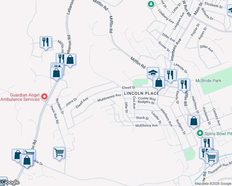 map of restaurants, bars, coffee shops, grocery stores, and more near 1034 Elwell Street in Pittsburgh