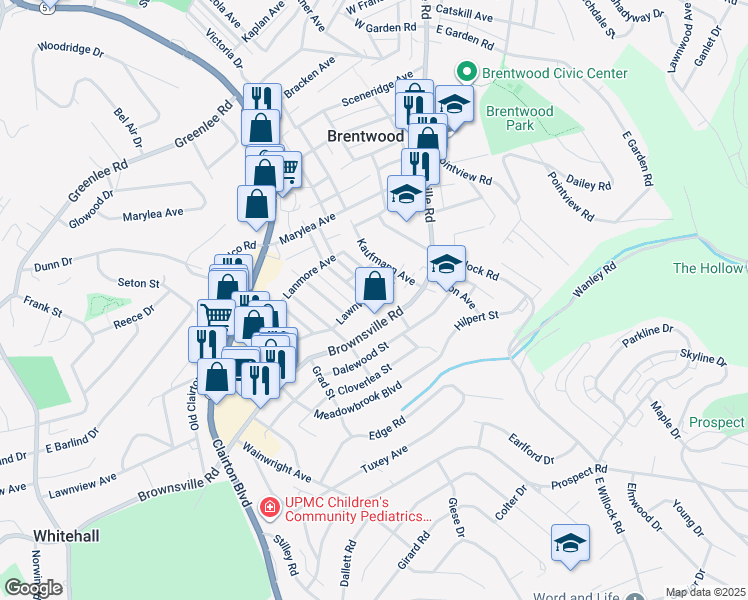 map of restaurants, bars, coffee shops, grocery stores, and more near 3844 Lawnview Avenue in Brentwood