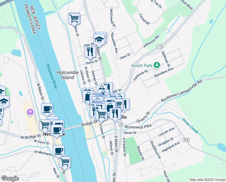 map of restaurants, bars, coffee shops, grocery stores, and more near 70 York Street in Lambertville