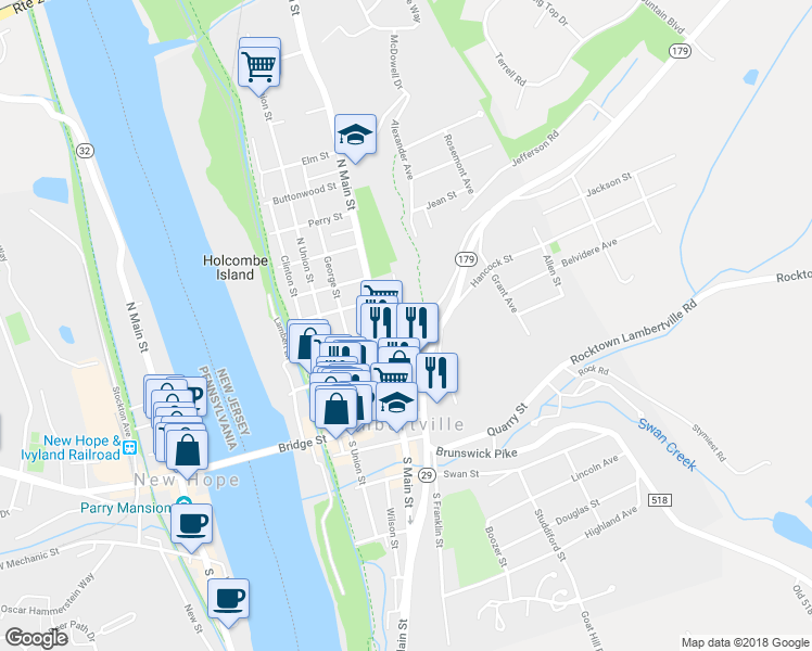 map of restaurants, bars, coffee shops, grocery stores, and more near York Street & North Franklin Street in Lambertville