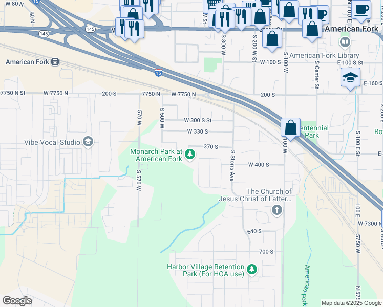 map of restaurants, bars, coffee shops, grocery stores, and more near 379 410 West in American Fork