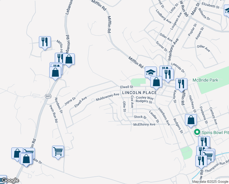 map of restaurants, bars, coffee shops, grocery stores, and more near 1034 Elwell Street in Pittsburgh