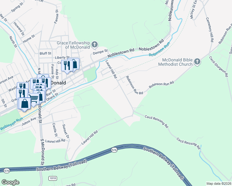 map of restaurants, bars, coffee shops, grocery stores, and more near 1217 Laurel Hill Road in McDonald