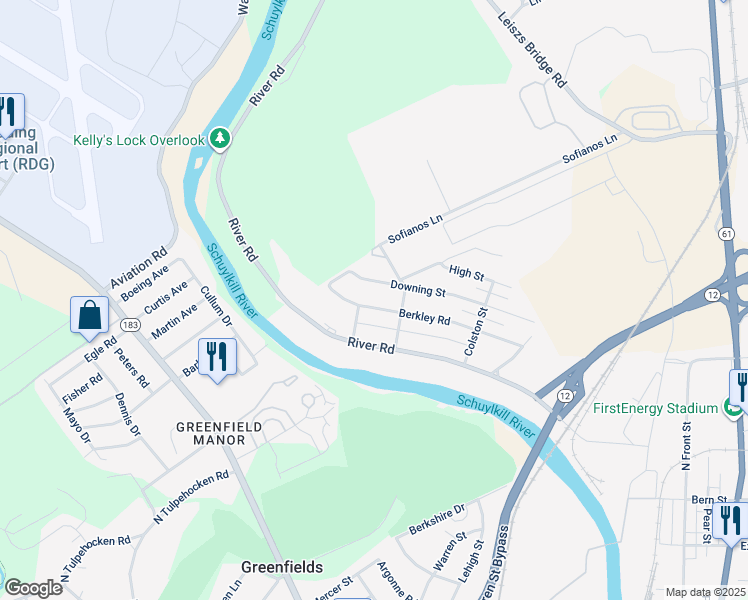 map of restaurants, bars, coffee shops, grocery stores, and more near 2431 Berkley Road in Reading
