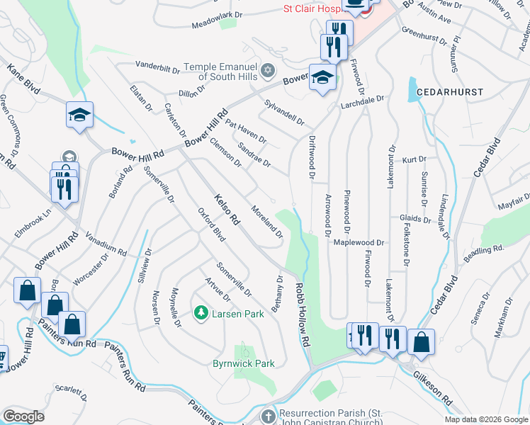 map of restaurants, bars, coffee shops, grocery stores, and more near 574 Clemson Drive in Pittsburgh