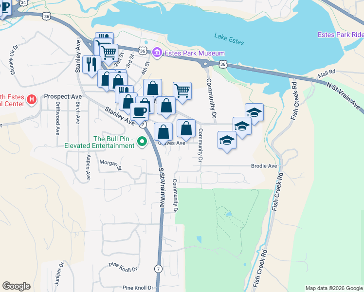map of restaurants, bars, coffee shops, grocery stores, and more near 1260 Graves Avenue in Estes Park