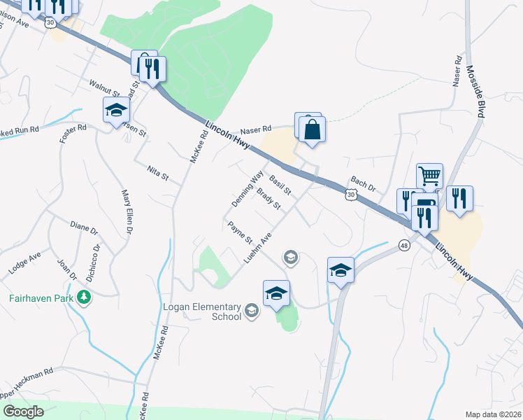 map of restaurants, bars, coffee shops, grocery stores, and more near 1610 Brady Street in North Versailles