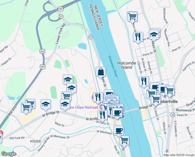 map of restaurants, bars, coffee shops, grocery stores, and more near 131 North Main Street in New Hope