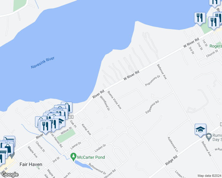 map of restaurants, bars, coffee shops, grocery stores, and more near 107 West River Road in Rumson