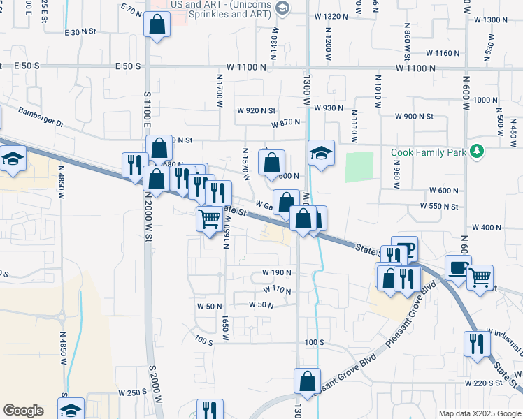 map of restaurants, bars, coffee shops, grocery stores, and more near 1450 West State Road in Pleasant Grove