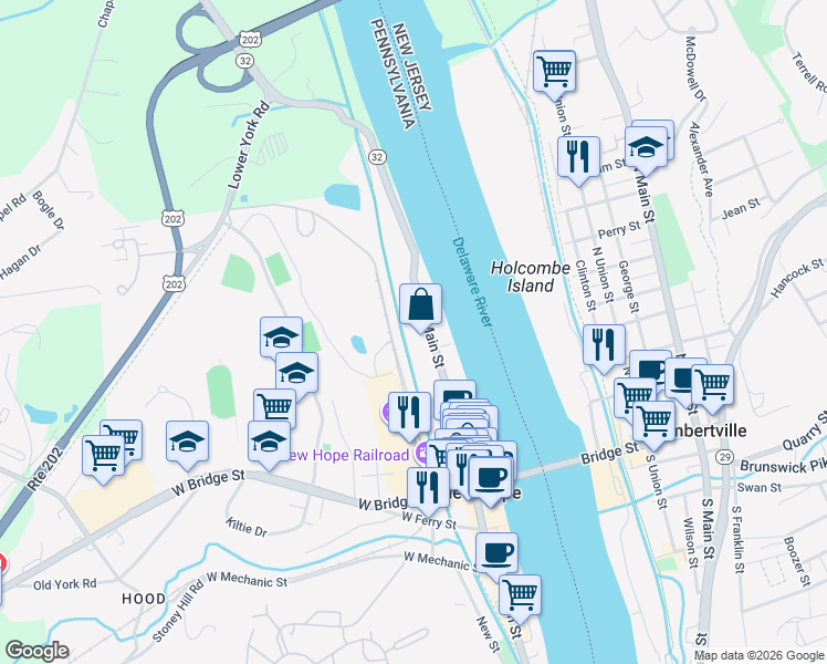 map of restaurants, bars, coffee shops, grocery stores, and more near 135 River Road in New Hope