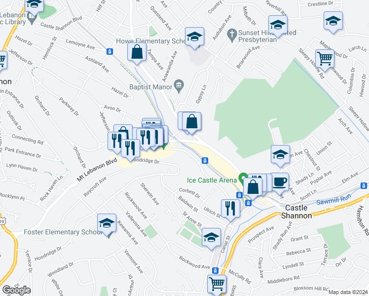 map of restaurants, bars, coffee shops, grocery stores, and more near 400 Mount Lebanon Boulevard in Castle Shannon