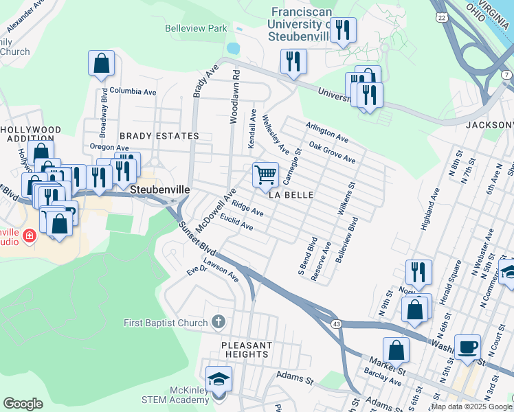 map of restaurants, bars, coffee shops, grocery stores, and more near 1440 Maryland Avenue in Steubenville
