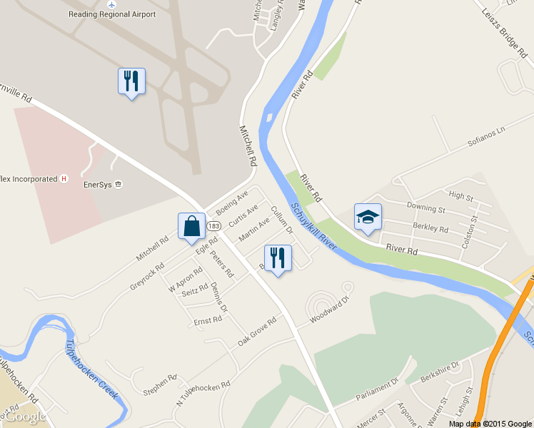 map of restaurants, bars, coffee shops, grocery stores, and more near 521 Martin Avenue in Reading