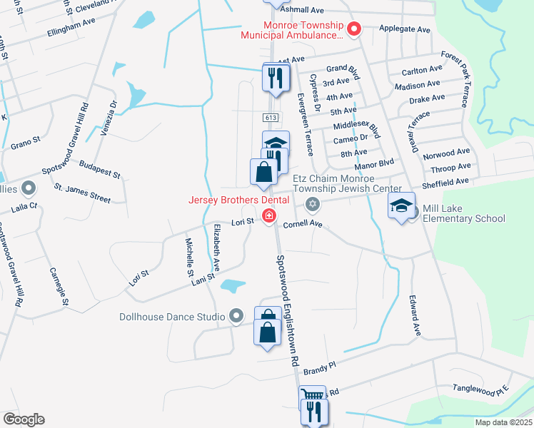 map of restaurants, bars, coffee shops, grocery stores, and more near 1 Lori Street in Monroe Township