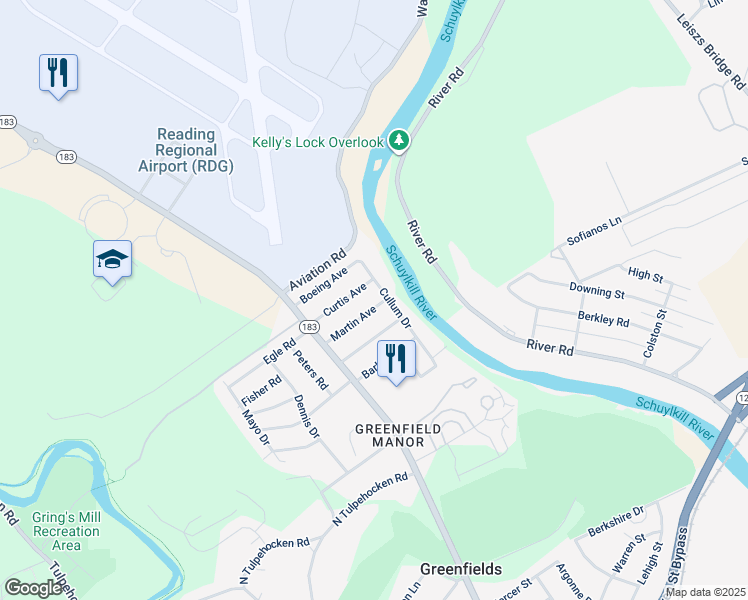 map of restaurants, bars, coffee shops, grocery stores, and more near 521 Martin Avenue in Reading