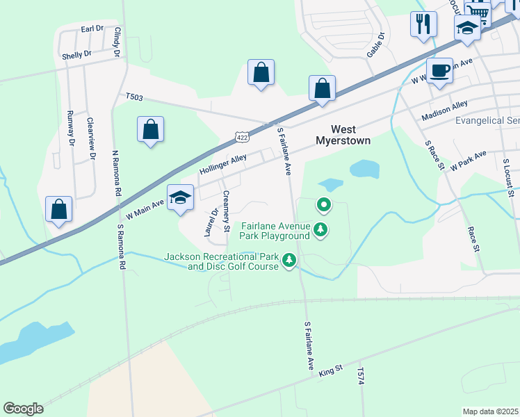 map of restaurants, bars, coffee shops, grocery stores, and more near 17 Park View Drive in Myerstown