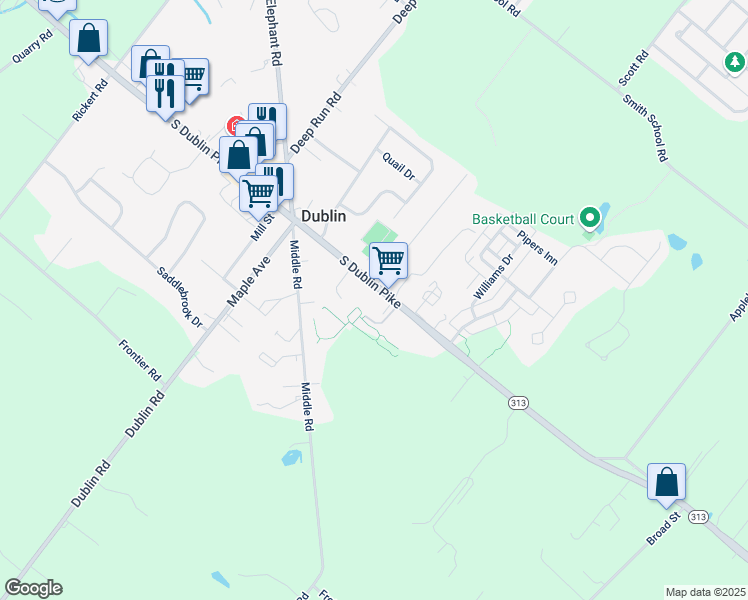 map of restaurants, bars, coffee shops, grocery stores, and more near 150 South Main Street in Dublin