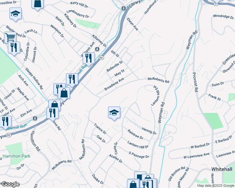 map of restaurants, bars, coffee shops, grocery stores, and more near 3201 McRoberts Road in Pittsburgh