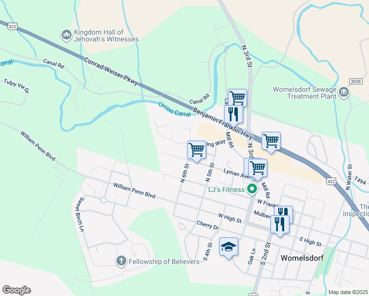 map of restaurants, bars, coffee shops, grocery stores, and more near 307 Winding Way in Womelsdorf