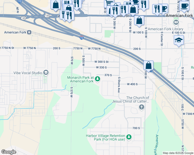 map of restaurants, bars, coffee shops, grocery stores, and more near 217 West 380 South in American Fork