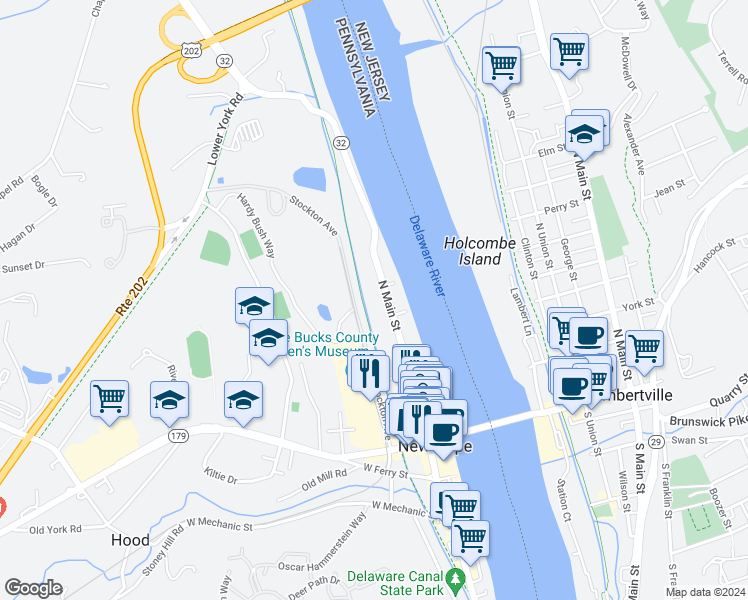map of restaurants, bars, coffee shops, grocery stores, and more near 131 North Main Street in New Hope