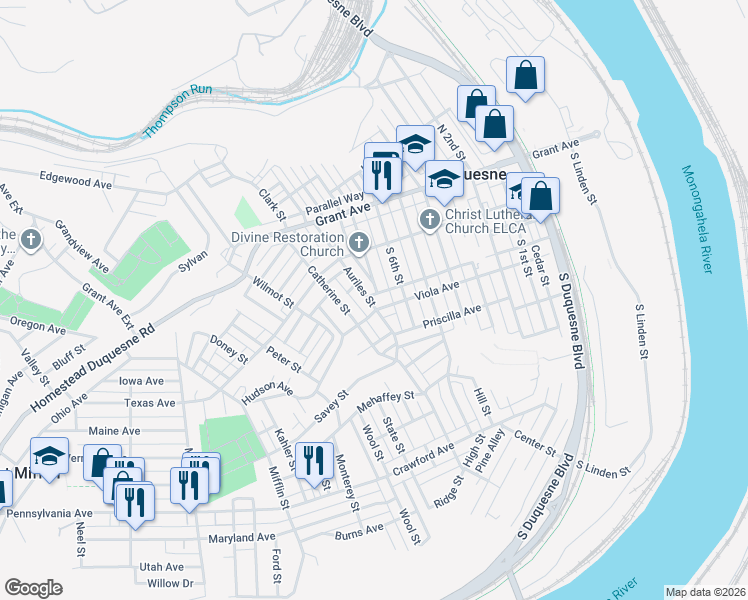 map of restaurants, bars, coffee shops, grocery stores, and more near 133 South 7th Street in Duquesne
