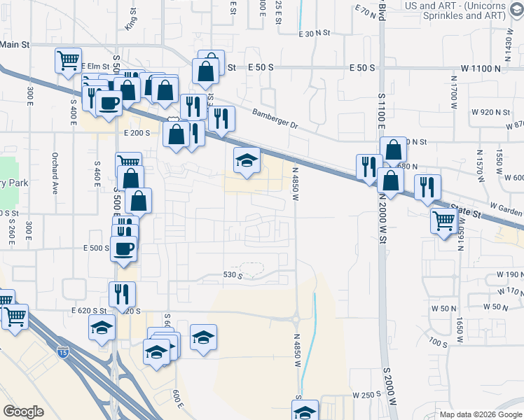 map of restaurants, bars, coffee shops, grocery stores, and more near 803 East 380 South in American Fork