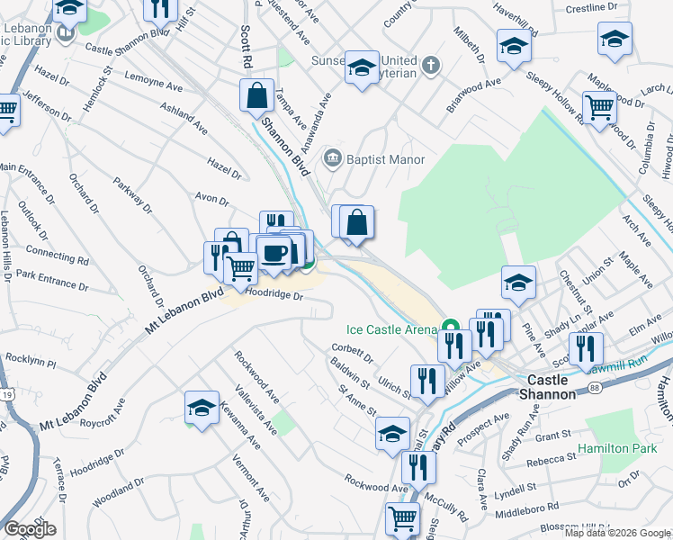 map of restaurants, bars, coffee shops, grocery stores, and more near 400 Mount Lebanon Boulevard in Castle Shannon
