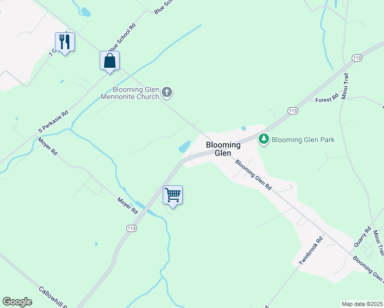 map of restaurants, bars, coffee shops, grocery stores, and more near 1264 Pennsylvania 113 in Perkasie