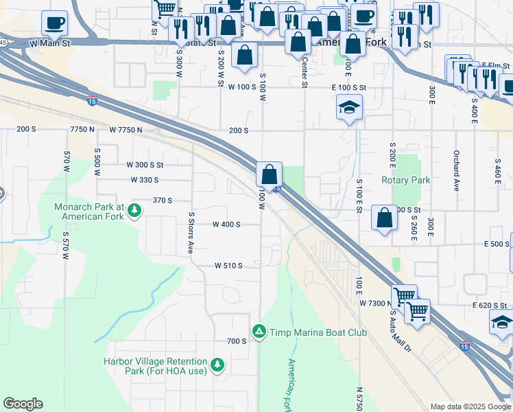 map of restaurants, bars, coffee shops, grocery stores, and more near 346 South 100 West in American Fork
