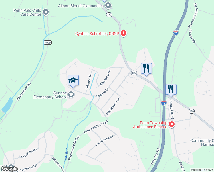 map of restaurants, bars, coffee shops, grocery stores, and more near 115 Alexander Drive in Irwin