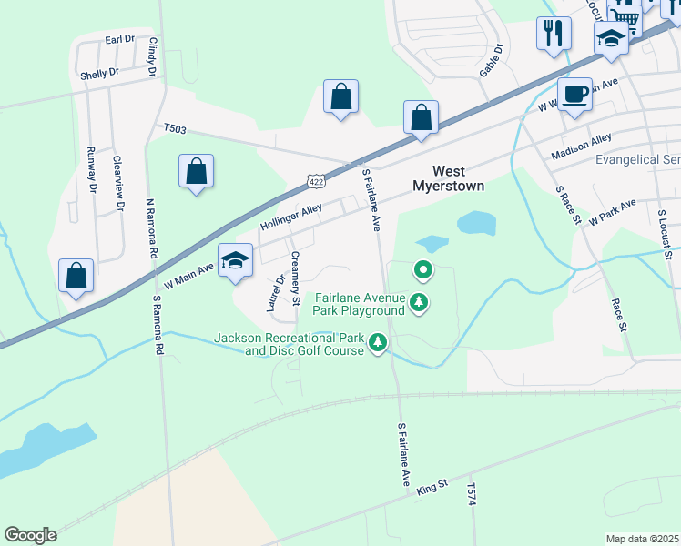 map of restaurants, bars, coffee shops, grocery stores, and more near 17 Park View Drive in Myerstown