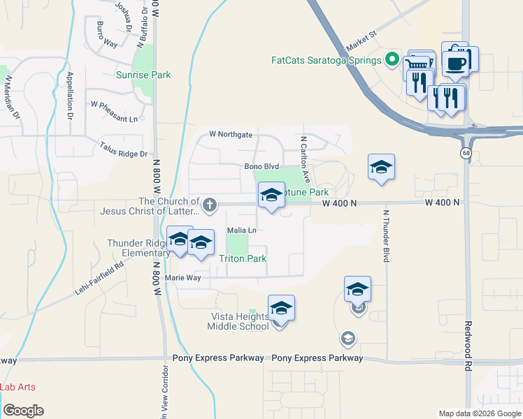 map of restaurants, bars, coffee shops, grocery stores, and more near 386 Bryant Boulevard in Saratoga Springs