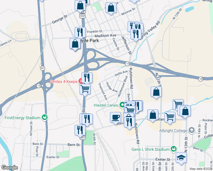 map of restaurants, bars, coffee shops, grocery stores, and more near 2308 Hoffer Avenue in Reading
