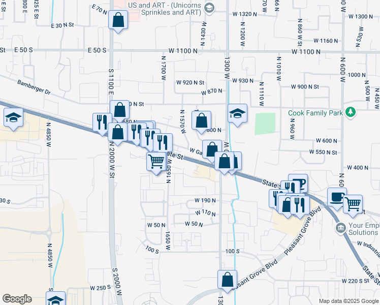 map of restaurants, bars, coffee shops, grocery stores, and more near 1557 West Garden Drive in Pleasant Grove