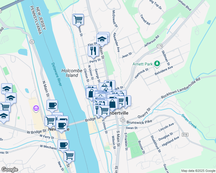 map of restaurants, bars, coffee shops, grocery stores, and more near 85 North Main Street in Lambertville