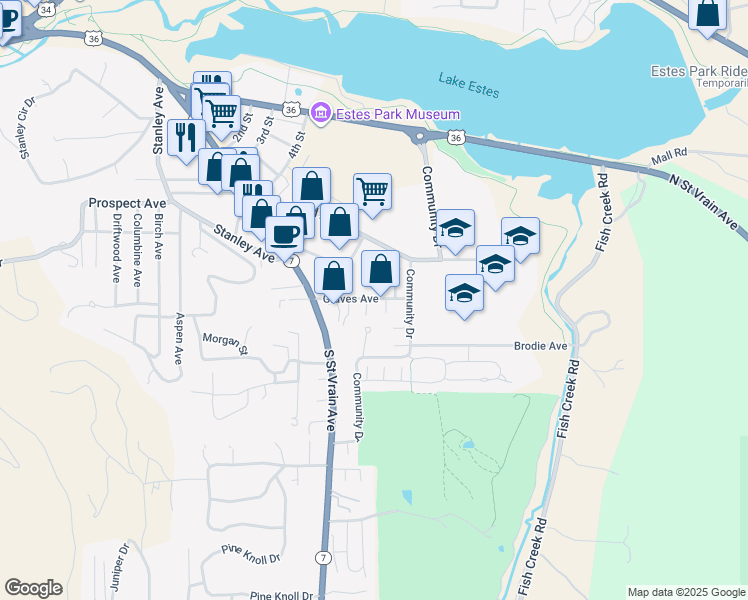 map of restaurants, bars, coffee shops, grocery stores, and more near 1310 Manford Avenue in Estes Park