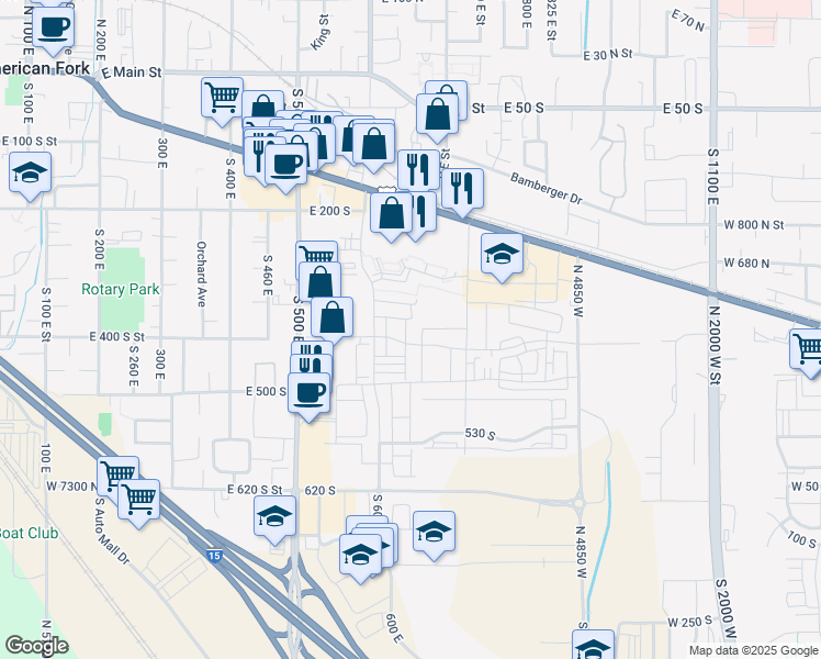 map of restaurants, bars, coffee shops, grocery stores, and more near 361 South 610 East in American Fork