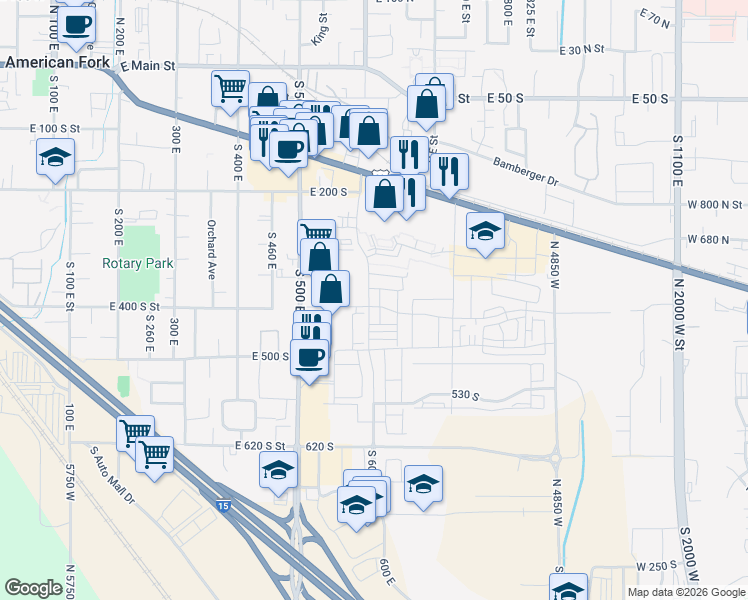 map of restaurants, bars, coffee shops, grocery stores, and more near 361 South 610 East in American Fork