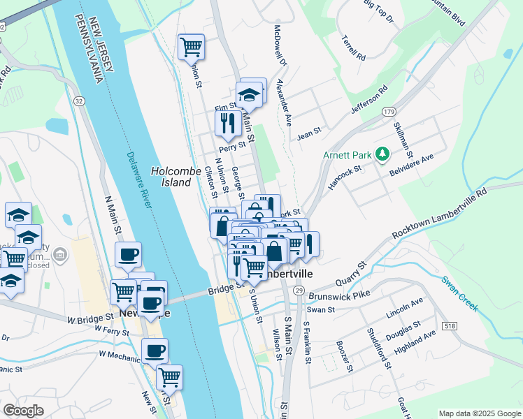 map of restaurants, bars, coffee shops, grocery stores, and more near 51 Delevan Street in Lambertville