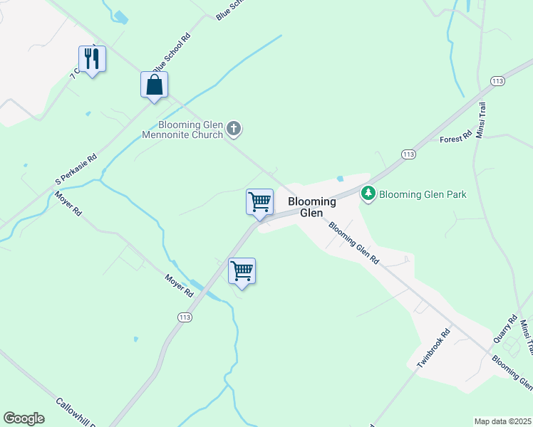 map of restaurants, bars, coffee shops, grocery stores, and more near 1264 Pennsylvania 113 in Perkasie