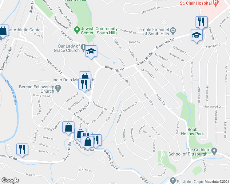 map of restaurants, bars, coffee shops, grocery stores, and more near 1637 Worcester Drive in Pittsburgh