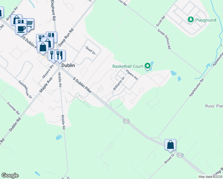 map of restaurants, bars, coffee shops, grocery stores, and more near 48 Williams Drive in Fountainville