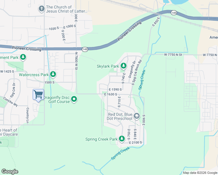 map of restaurants, bars, coffee shops, grocery stores, and more near 599 East 1540 South in Lehi