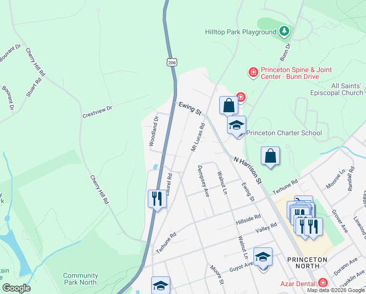 map of restaurants, bars, coffee shops, grocery stores, and more near 140 Laurel Road in Princeton