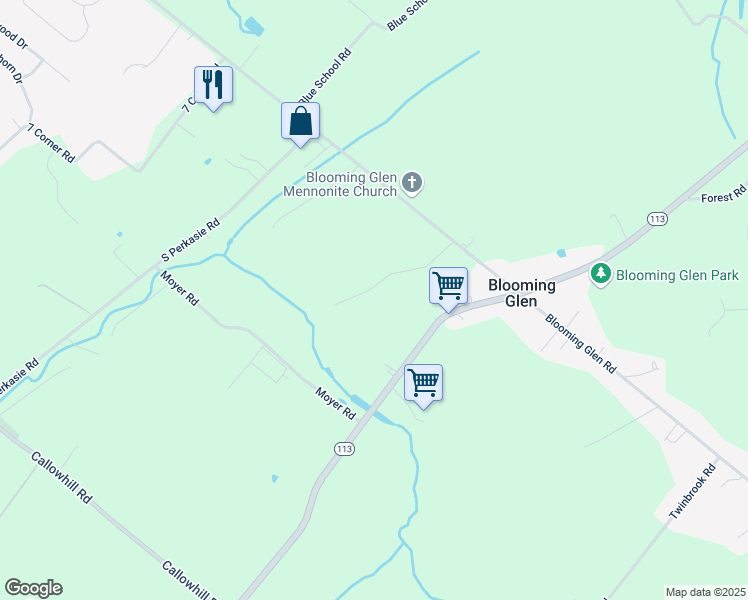 map of restaurants, bars, coffee shops, grocery stores, and more near 15 Woodlawn Drive in Perkasie
